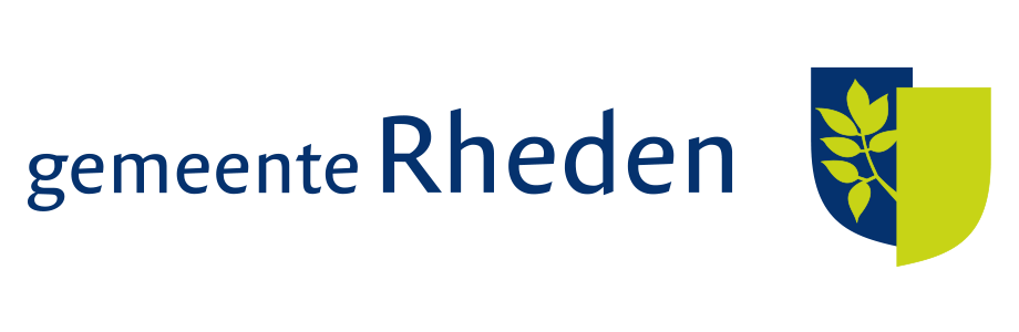 Logo gemeente Rheden groen en blauw aan de rechterkant met links blauwe letters gemeente Rheden.