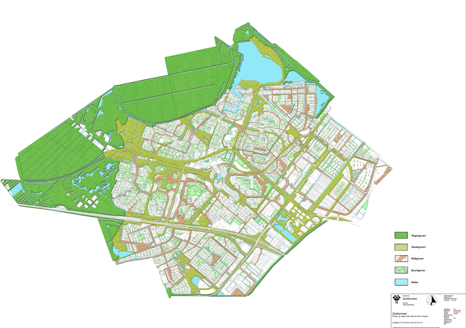 aart gemeente Zoetermeer met bestemmingsplannen, woongebieden, werkgebieden, groen en water. gebruikt voor omgevingsmanagement en groenbeheer.